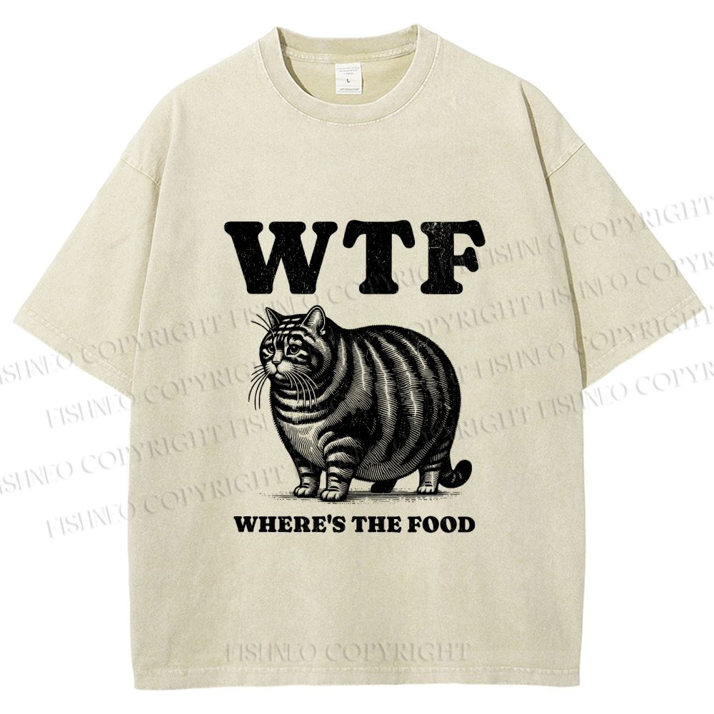 Unisex Where is the Food Cat Printed Washed Tee