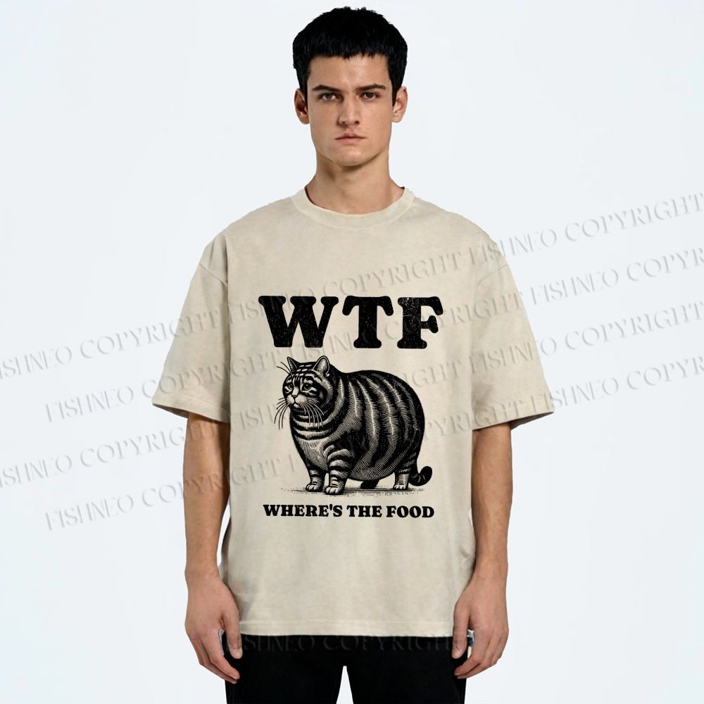Unisex Where is the Food Cat Printed Washed Tee
