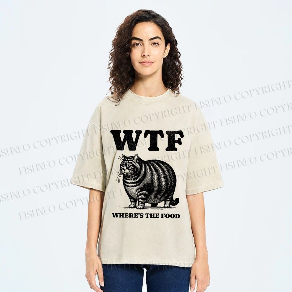 Unisex Where is the Food Cat Printed Washed Tee