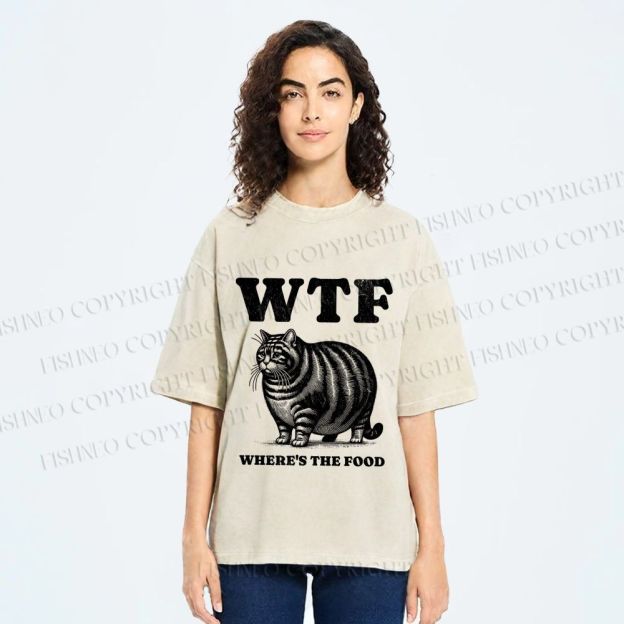 Unisex Where is the Food Cat Printed Washed Tee