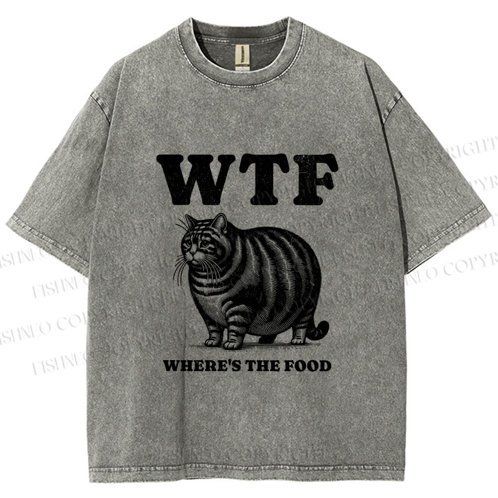 Unisex Where is the Food Cat Printed Washed Tee