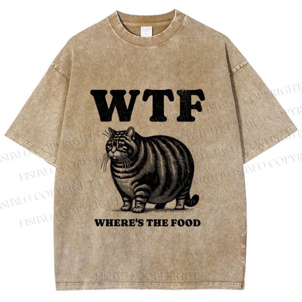 Unisex Where is the Food Cat Printed Washed Tee