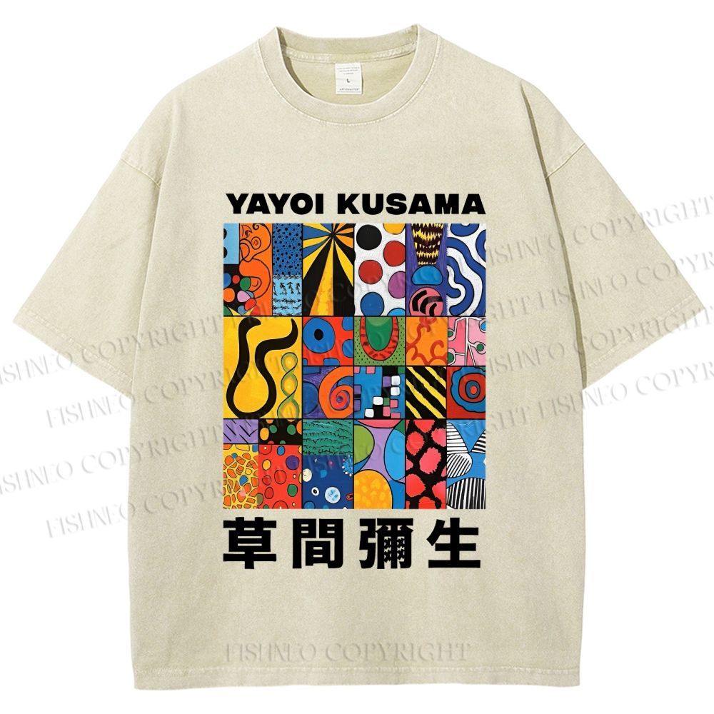 Unisex Yayoi Kusama Art Graffiti Printed Washed Tee