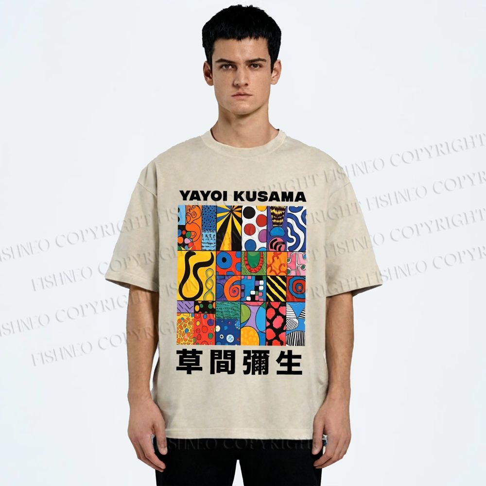 Unisex Yayoi Kusama Art Graffiti Printed Washed Tee