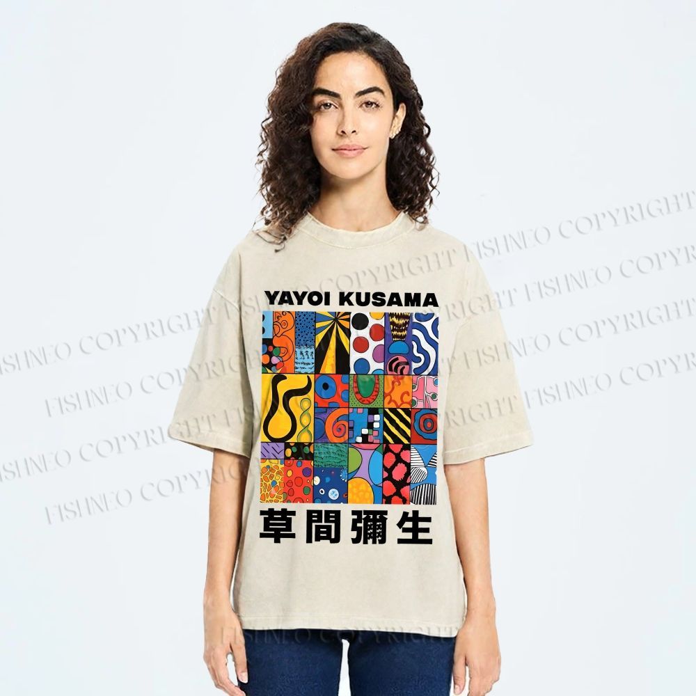 Unisex Yayoi Kusama Art Graffiti Printed Washed Tee