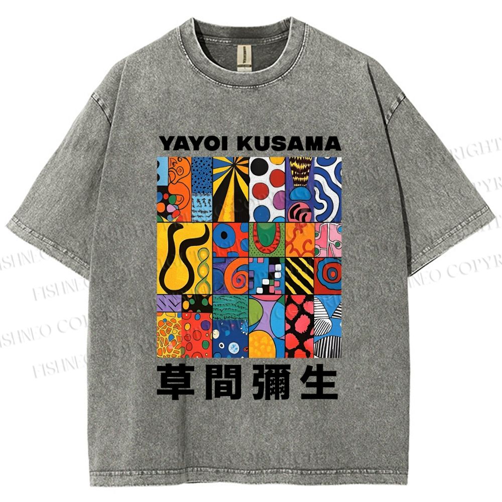 Unisex Yayoi Kusama Art Graffiti Printed Washed Tee