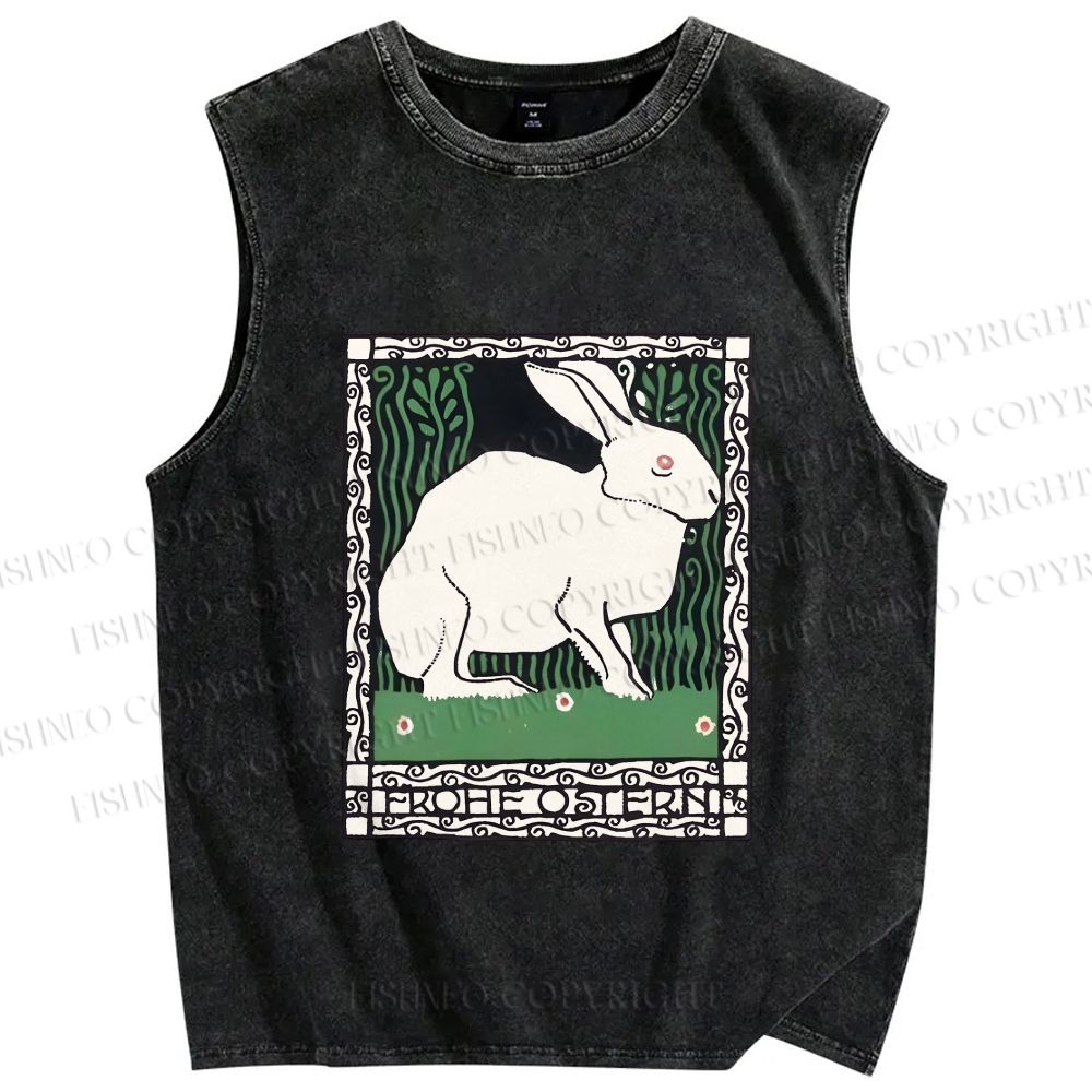 Unisex Vintage Rabbit Printed Washed Tank Top
