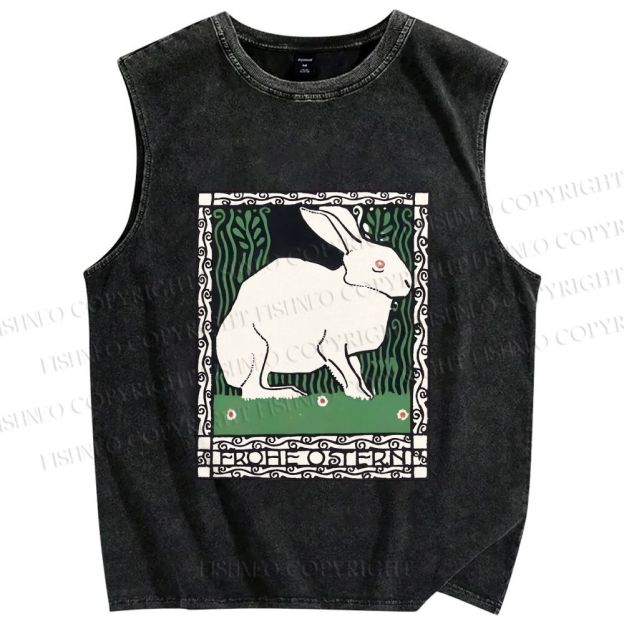 Unisex Vintage Rabbit Printed Washed Tank Top