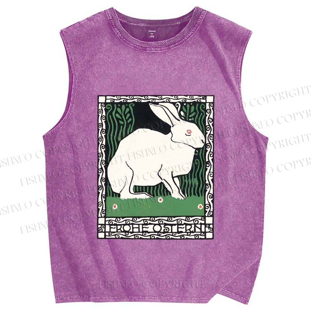 Unisex Vintage Rabbit Printed Washed Tank Top