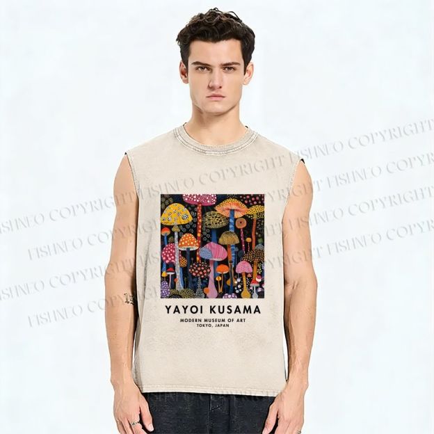 Unisex Yayoi Kusama Polka Dots Mushroom Printed Washed Tank Top