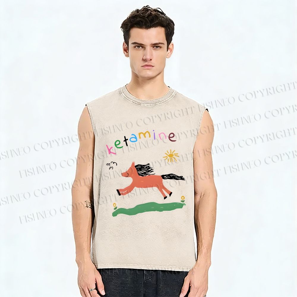 Unisex Ketamine Horse Funny Children's Drawings Printed Washed Tank Top