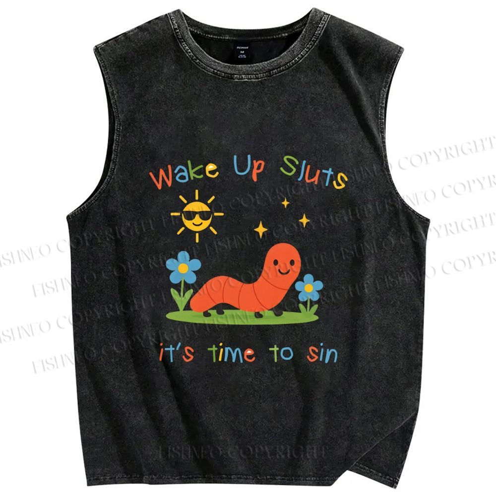 Unisex Wake up Cute Children's Drawings Printed Washed Tank Top