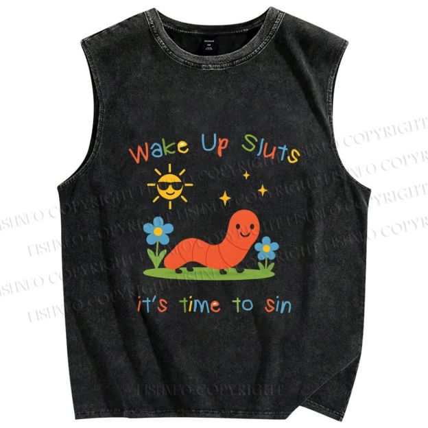 Unisex Wake up Cute Children's Drawings Printed Washed Tank Top