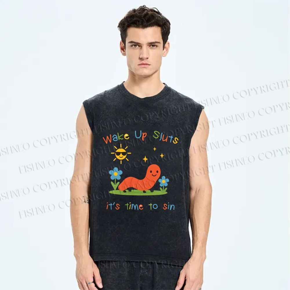 Unisex Wake up Cute Children's Drawings Printed Washed Tank Top