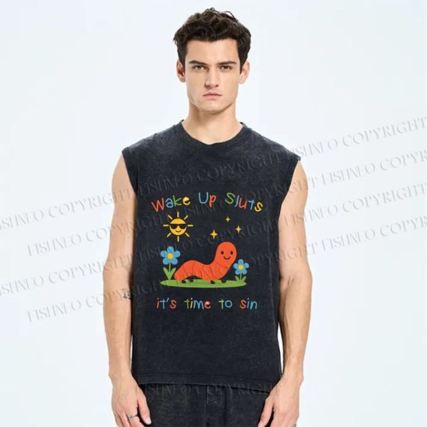 Unisex Wake up Cute Children's Drawings Printed Washed Tank Top