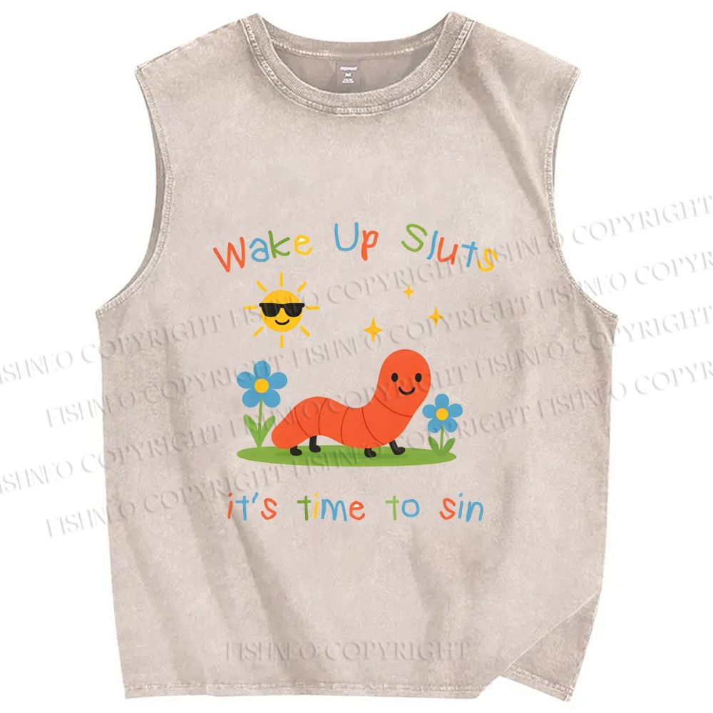 Unisex Wake up Cute Children's Drawings Printed Washed Tank Top