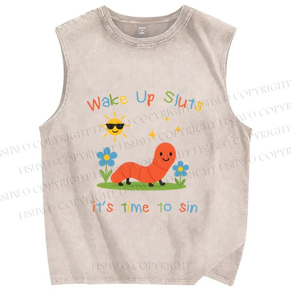 Unisex Wake up Cute Children's Drawings Printed Washed Tank Top