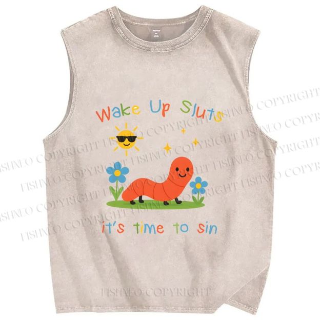 Unisex Wake up Cute Children's Drawings Printed Washed Tank Top
