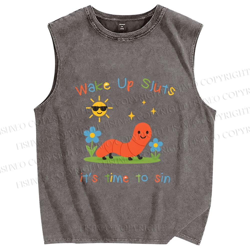 Unisex Wake up Cute Children's Drawings Printed Washed Tank Top