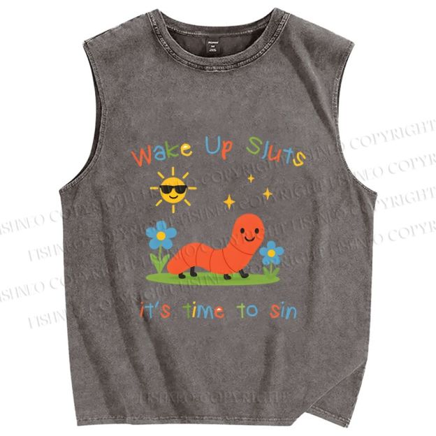 Unisex Wake up Cute Children's Drawings Printed Washed Tank Top