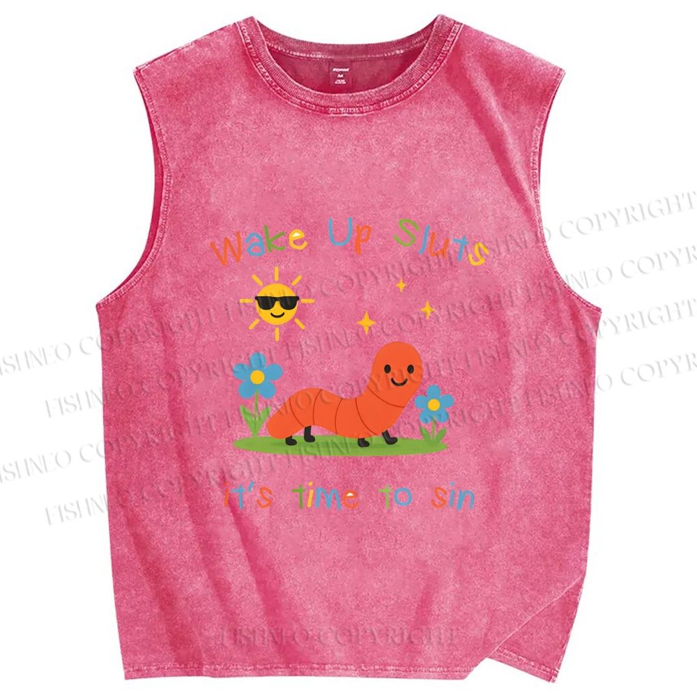 Unisex Wake up Cute Children's Drawings Printed Washed Tank Top