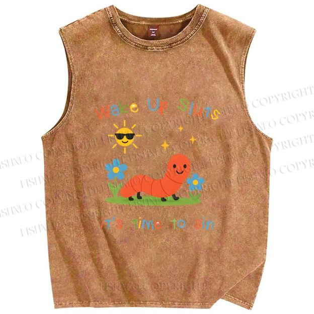 Unisex Wake up Cute Children's Drawings Printed Washed Tank Top