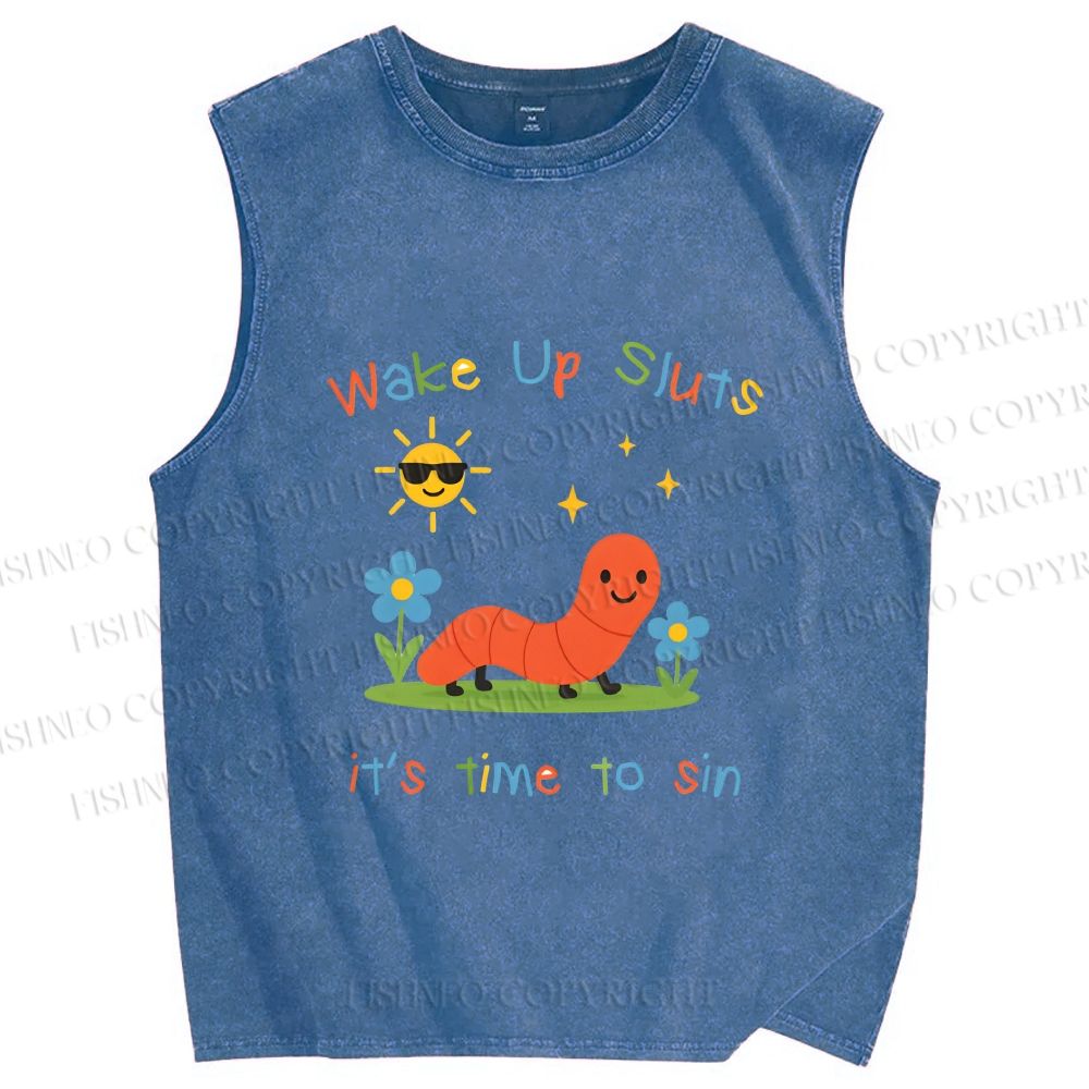 Unisex Wake up Cute Children's Drawings Printed Washed Tank Top