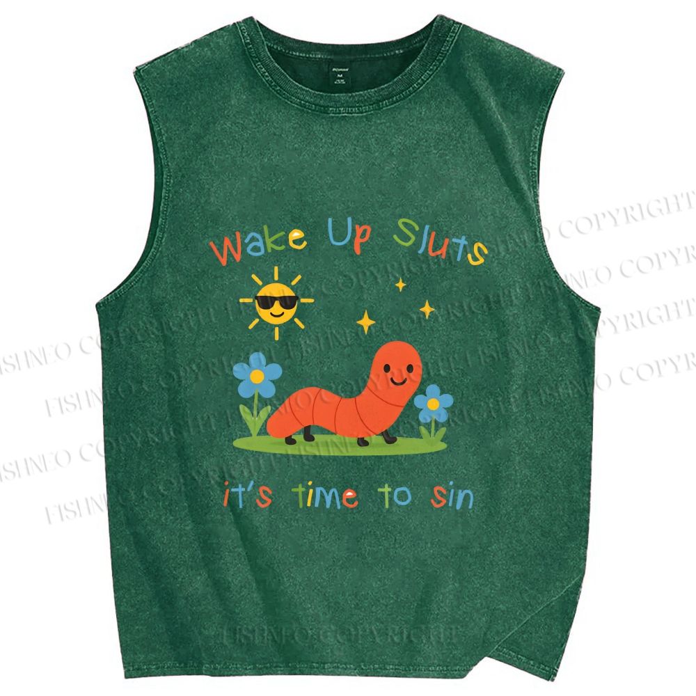 Unisex Wake up Cute Children's Drawings Printed Washed Tank Top