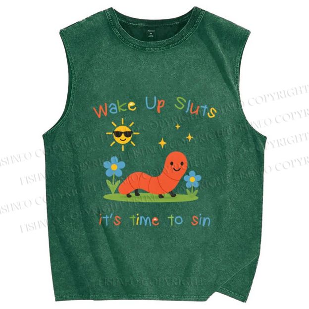 Unisex Wake up Cute Children's Drawings Printed Washed Tank Top