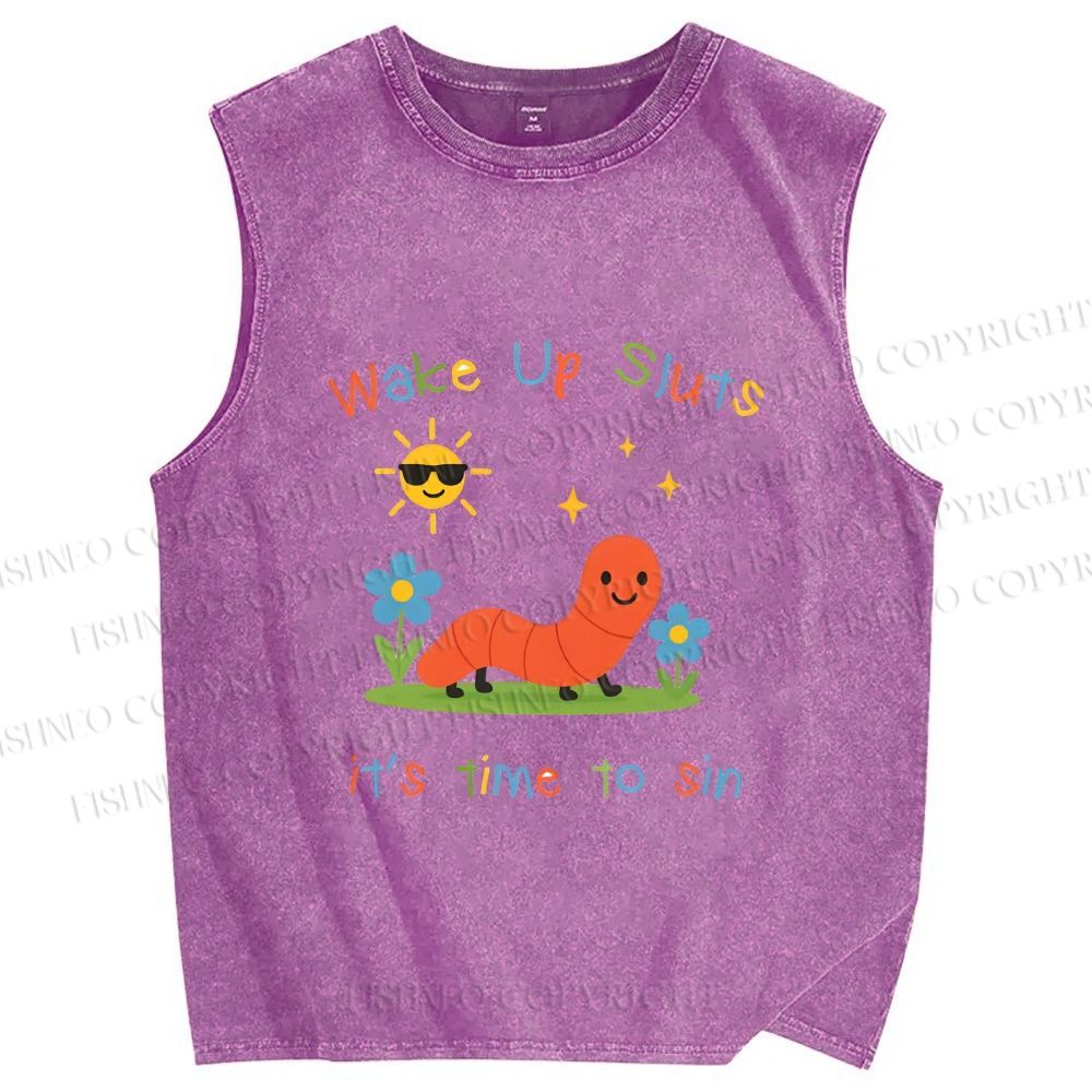 Unisex Wake up Cute Children's Drawings Printed Washed Tank Top