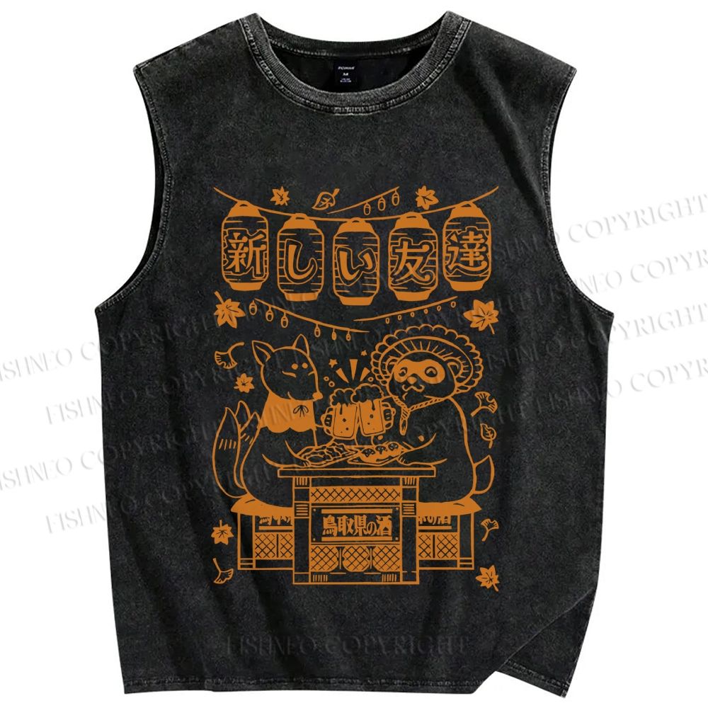 Unisex Japanese Raccoon Printed Washed Tank Top