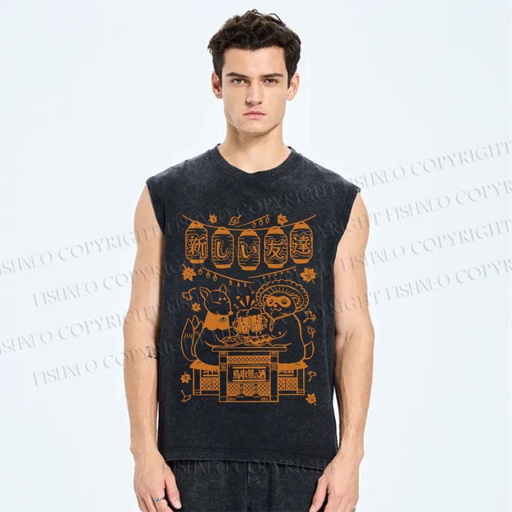 Unisex Japanese Raccoon Printed Washed Tank Top