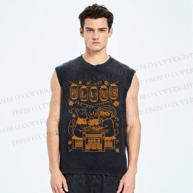 Unisex Japanese Raccoon Printed Washed Tank Top