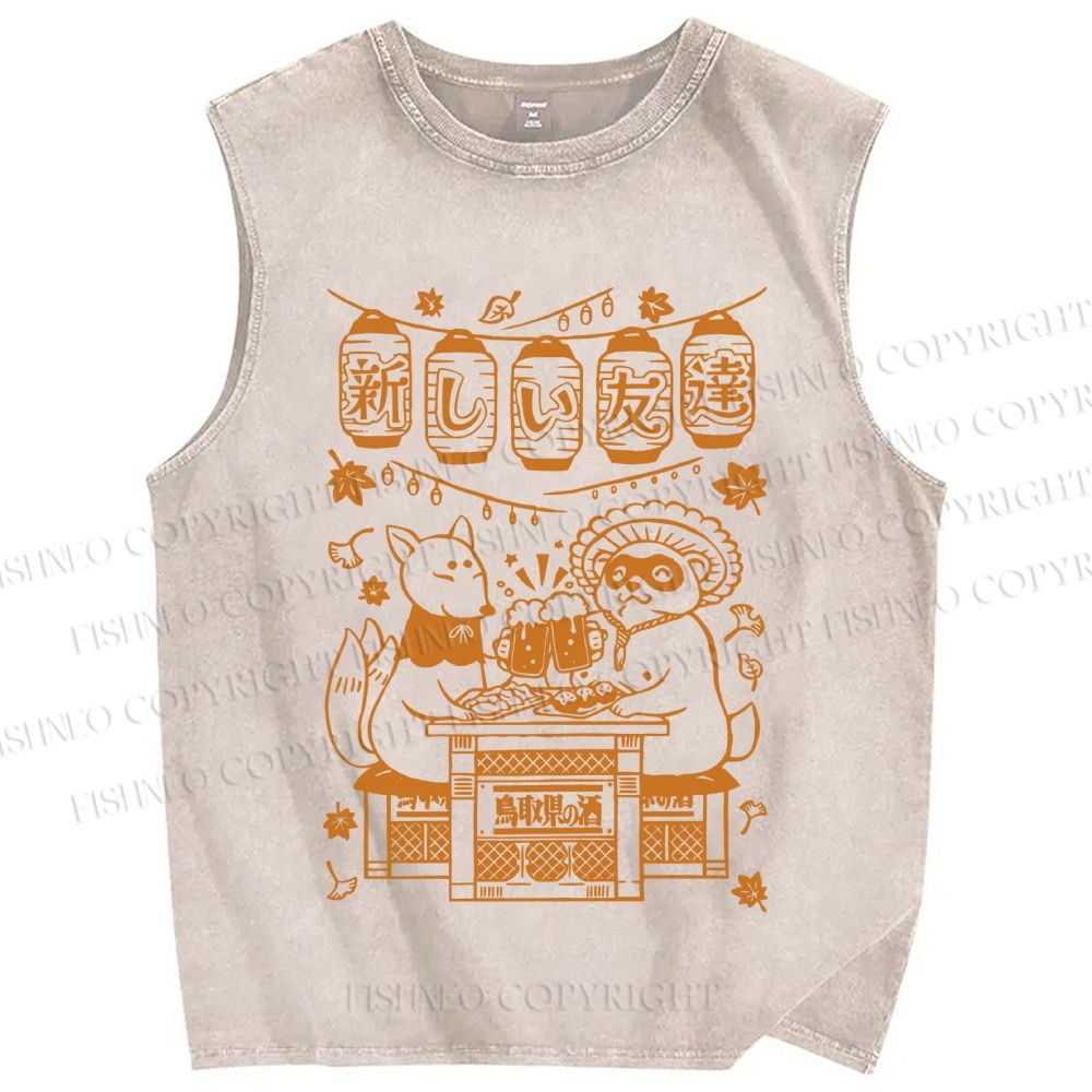 Unisex Japanese Raccoon Printed Washed Tank Top