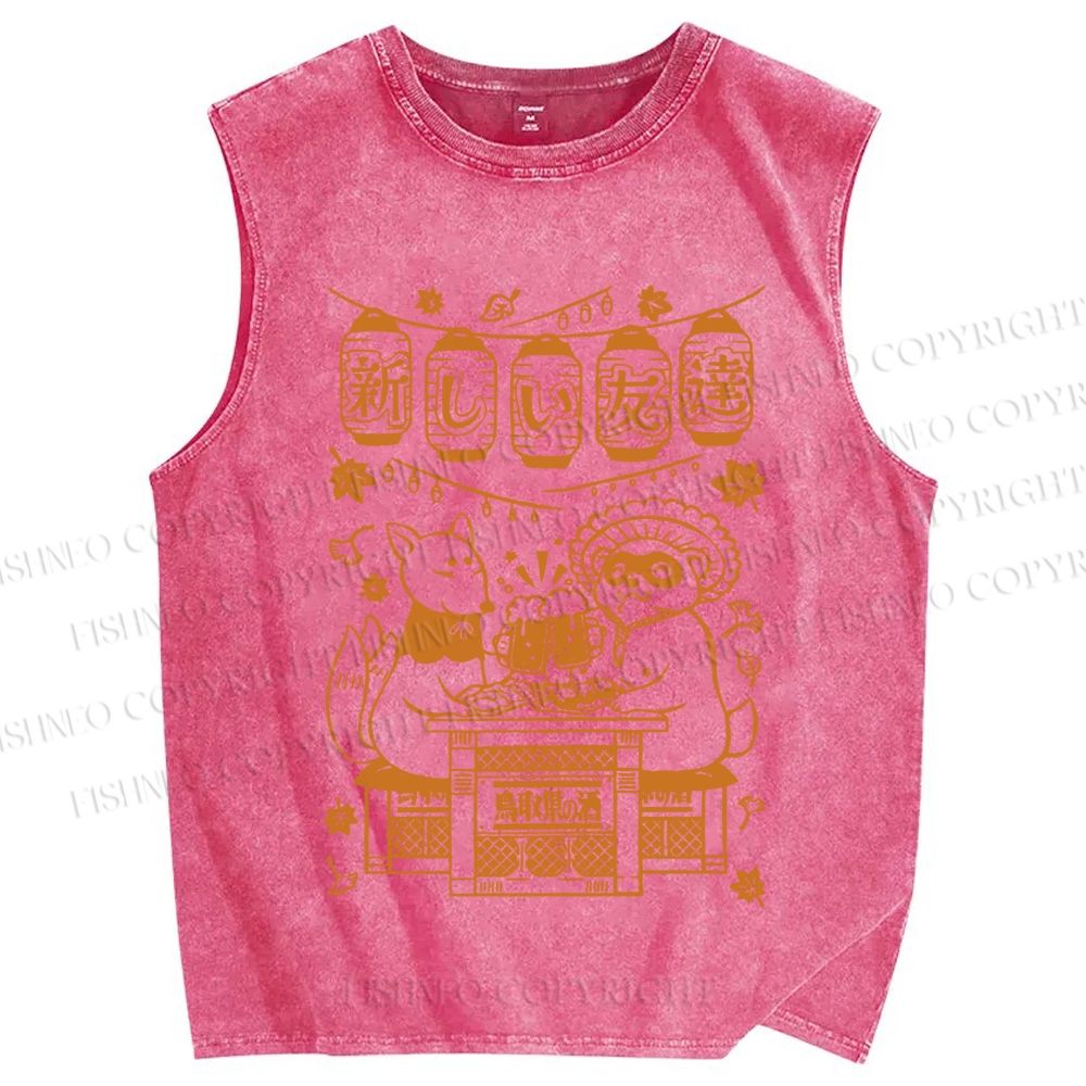 Unisex Japanese Raccoon Printed Washed Tank Top