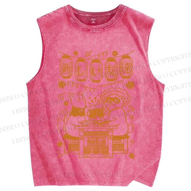 Unisex Japanese Raccoon Printed Washed Tank Top