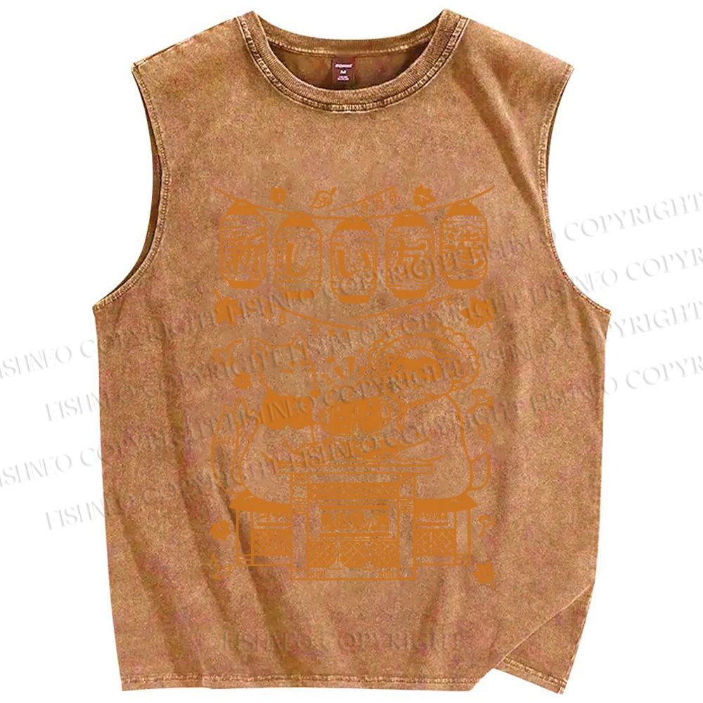 Unisex Japanese Raccoon Printed Washed Tank Top