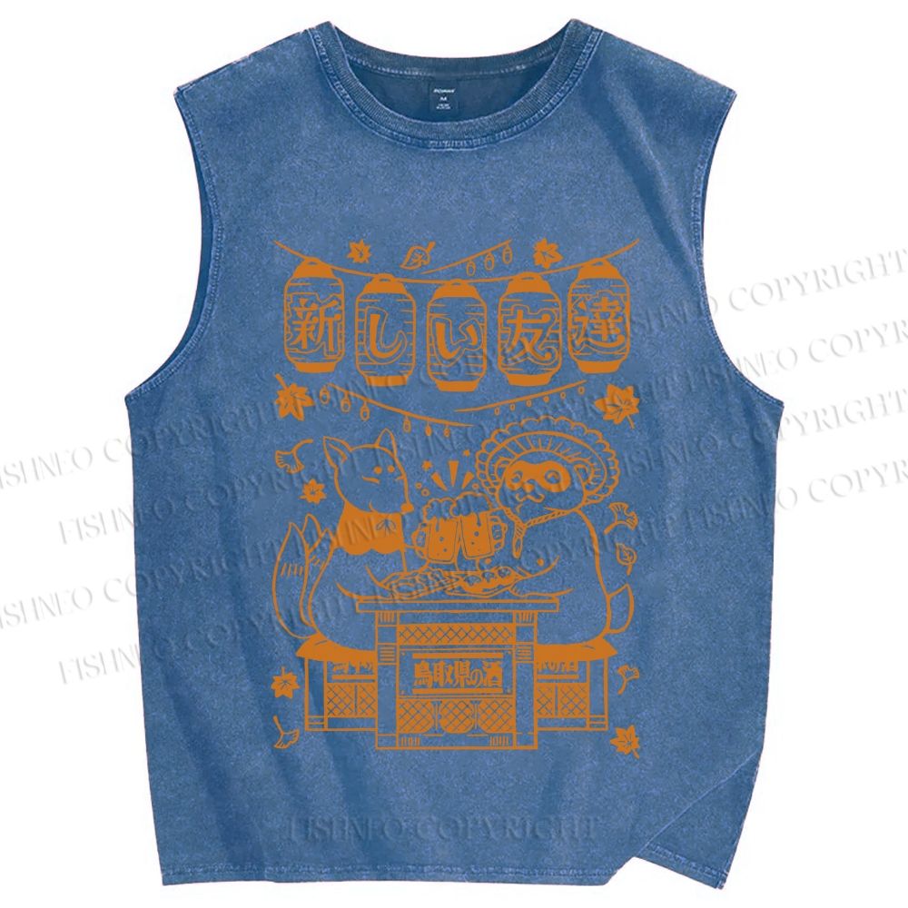 Unisex Japanese Raccoon Printed Washed Tank Top