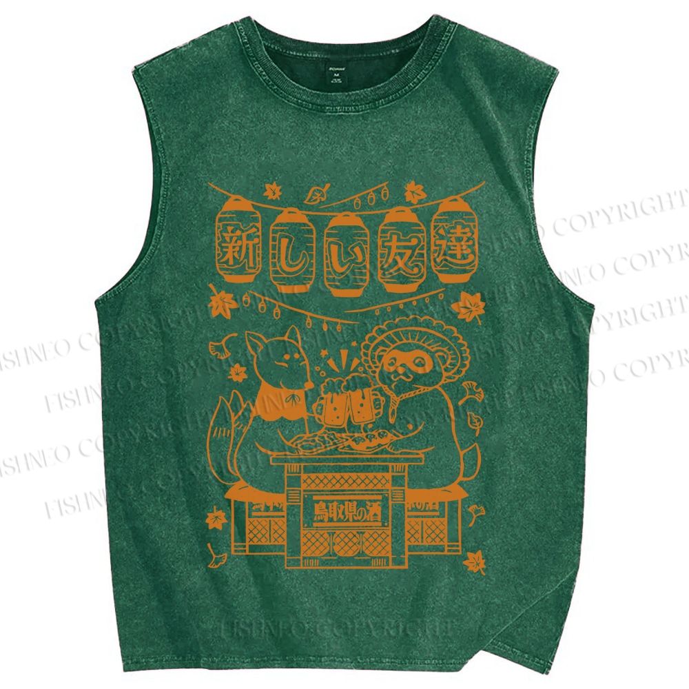 Unisex Japanese Raccoon Printed Washed Tank Top