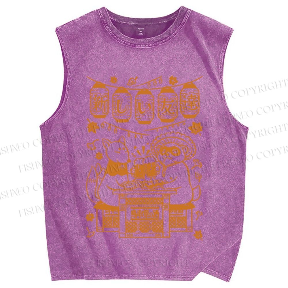 Unisex Japanese Raccoon Printed Washed Tank Top
