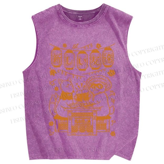 Unisex Japanese Raccoon Printed Washed Tank Top