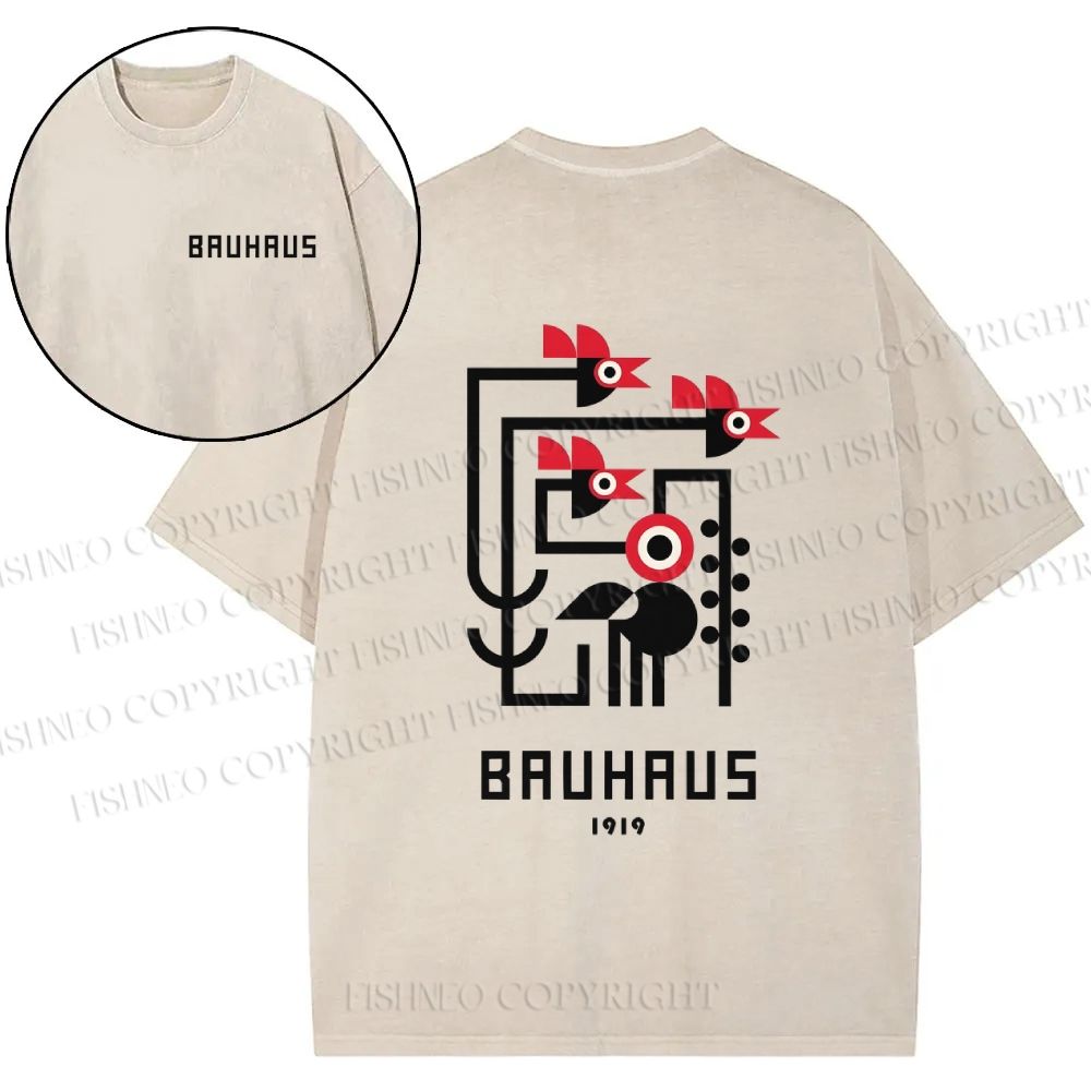 Unisex Bauhaus Geometric Bird Printed Vintage Washed T-Shirt