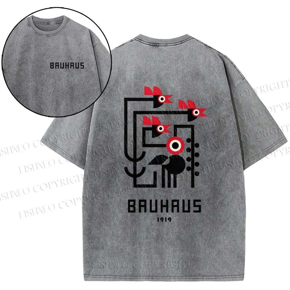 Unisex Bauhaus Geometric Bird Printed Vintage Washed T-Shirt