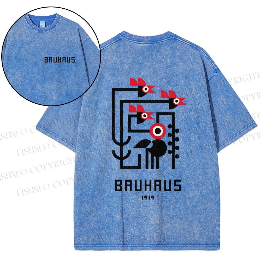 Unisex Bauhaus Geometric Bird Printed Vintage Washed T-Shirt