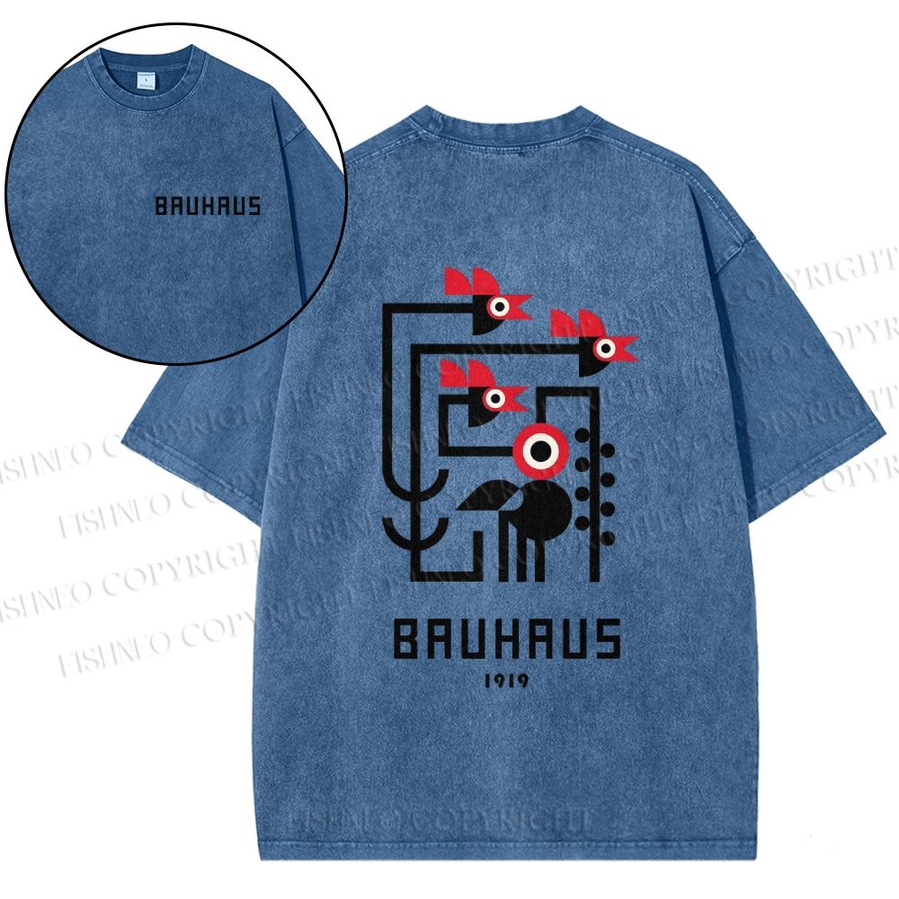 Unisex Bauhaus Geometric Bird Printed Vintage Washed T-Shirt