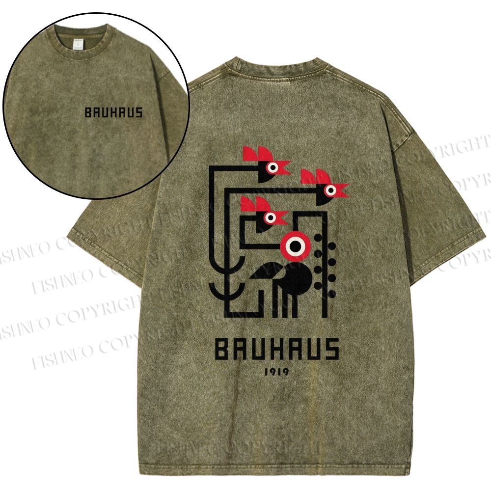 Unisex Bauhaus Geometric Bird Printed Vintage Washed T-Shirt