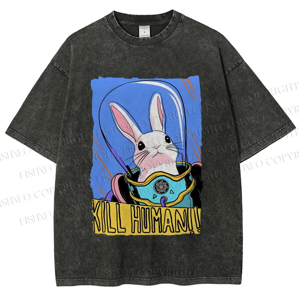 Unisex Astronaut Rabbit Kill Human Printed Washed Tee