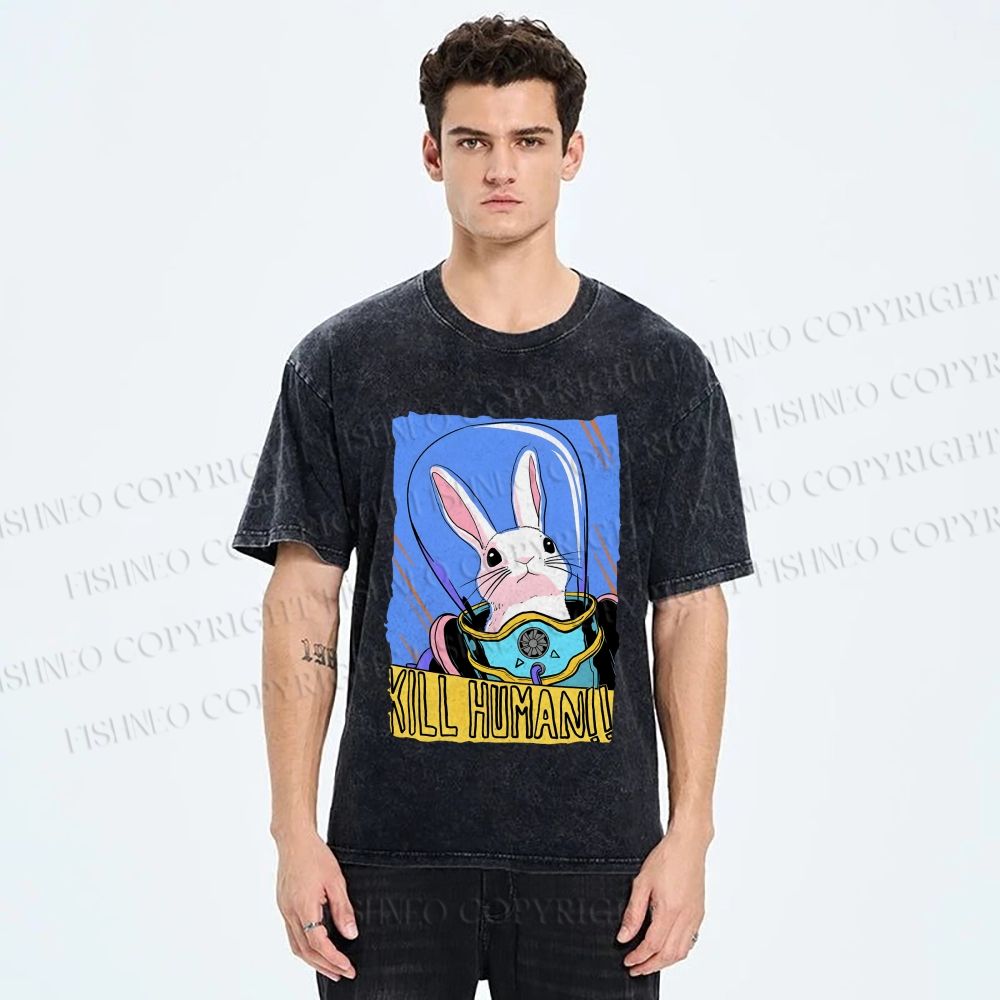 Unisex Astronaut Rabbit Kill Human Printed Washed Tee