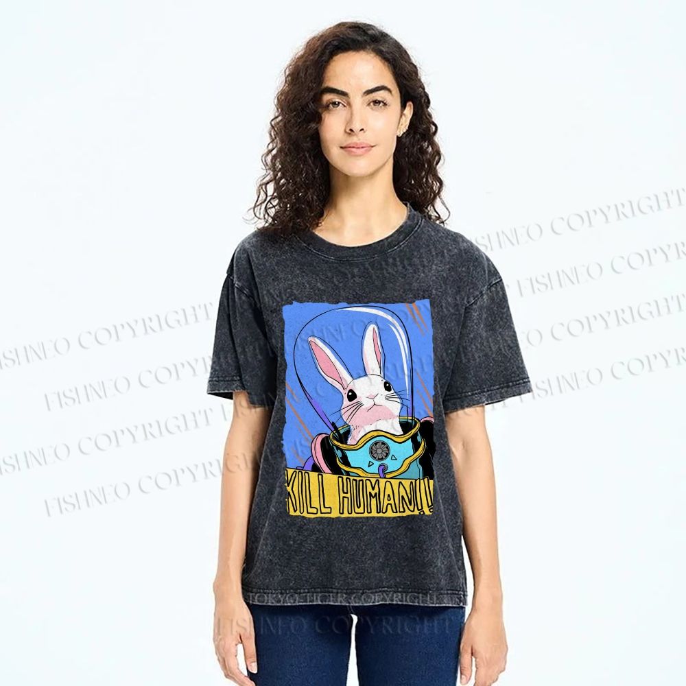 Unisex Astronaut Rabbit Kill Human Printed Washed Tee