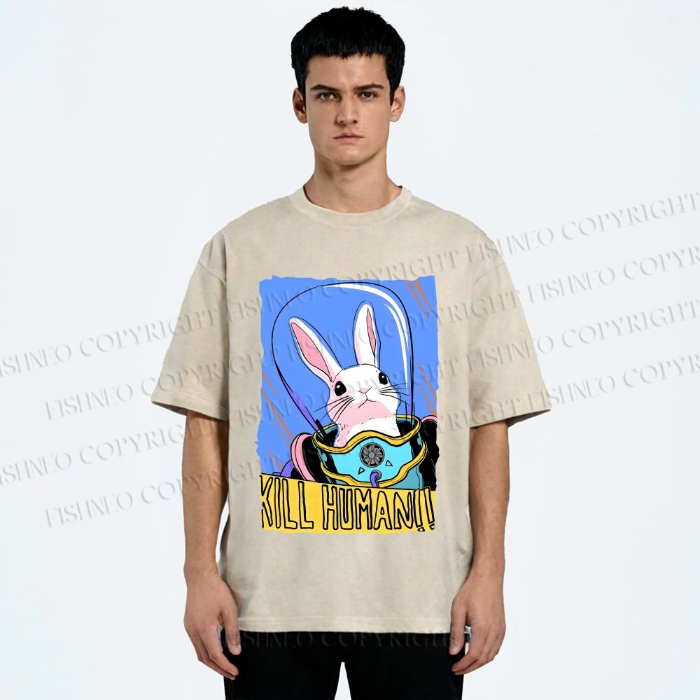 Unisex Astronaut Rabbit Kill Human Printed Washed Tee